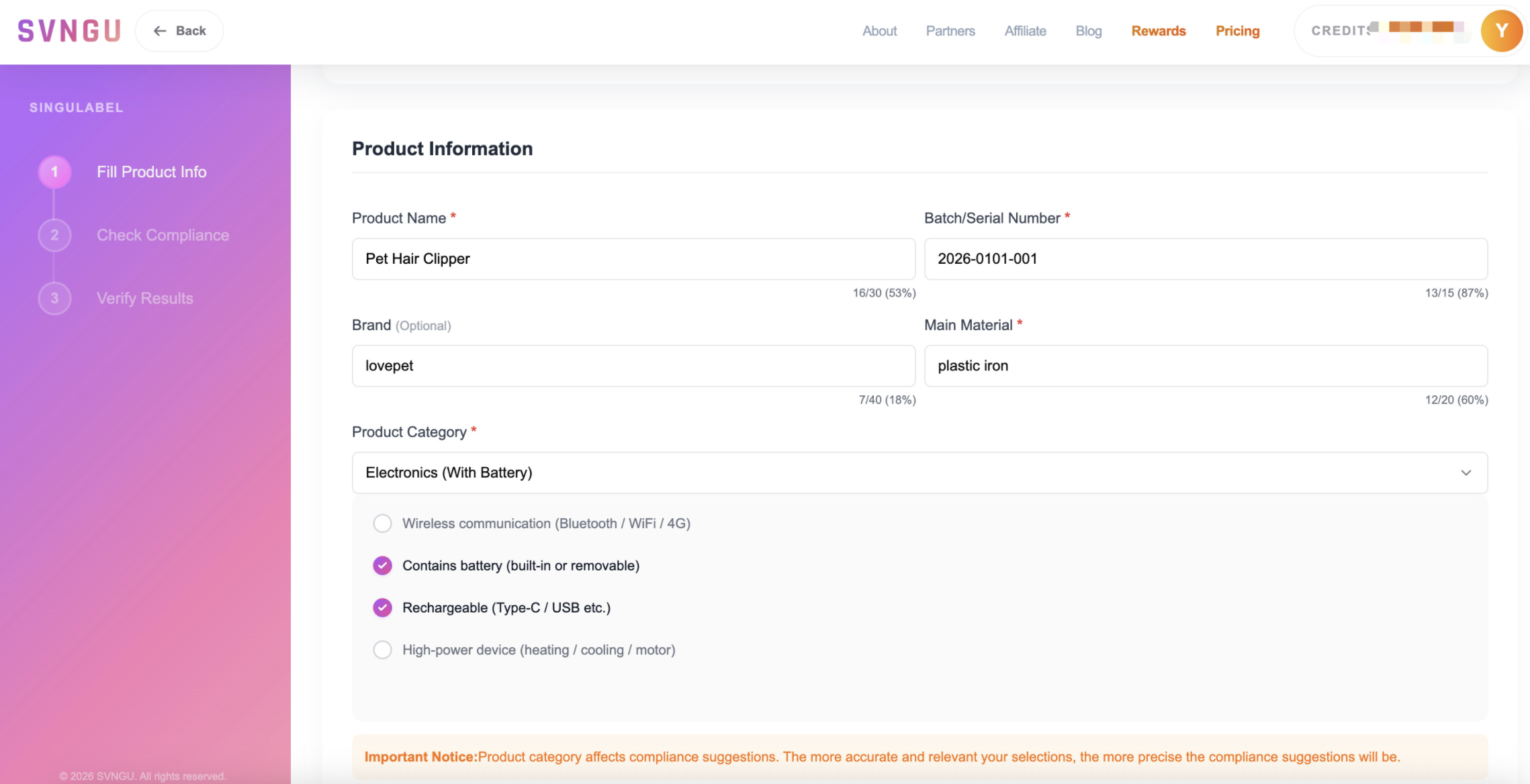 Singulabel — entering product information